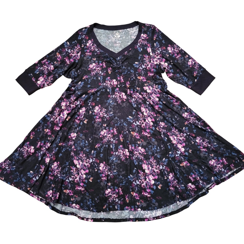 Torrid Super‎ Soft Plush Floral V Neck Skater Dress 3X Black Purple Whimsigoth